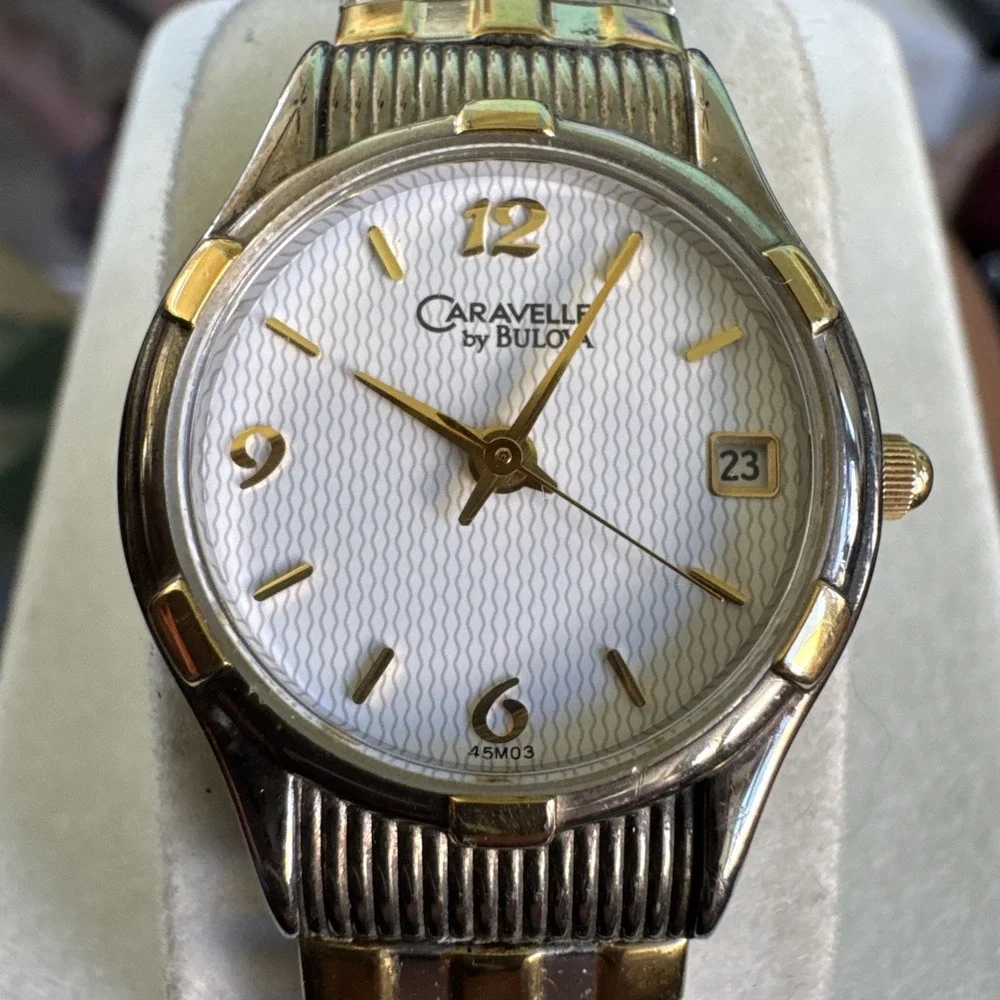 CARAVELLE by‎ BULOVA Womens Two Tone Watch, Stretch Band, White Dial w/ Date New
